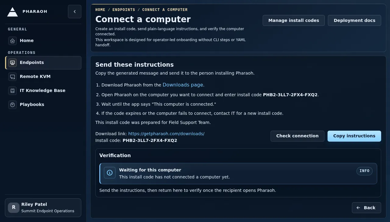 Connect a computer page showing install-code creation, sendable instructions, recent codes, and verification.