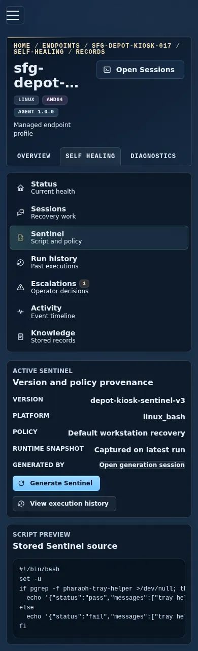 Mobile endpoint detail page showing the Sentinel panel and follow-up links.
