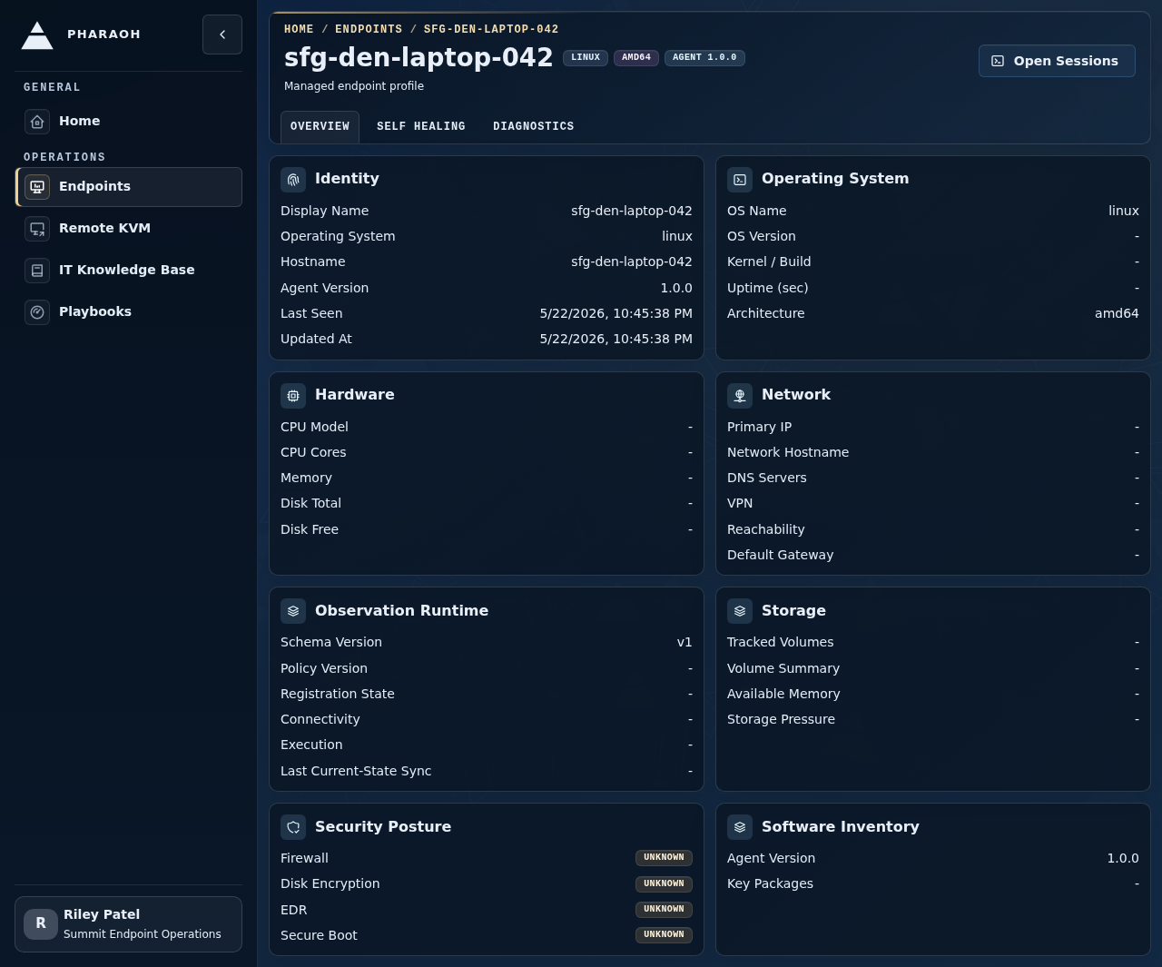 Endpoint details page with identity, Sentinel context, detail tabs, and the Open Sessions handoff