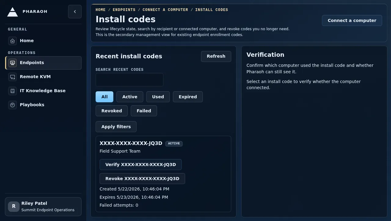 Install codes management page showing recent code status, filters, and revoke actions.