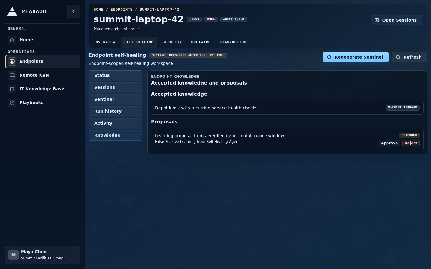 Endpoint self-healing knowledge tab showing accepted knowledge entries and pending knowledge proposals awaiting review