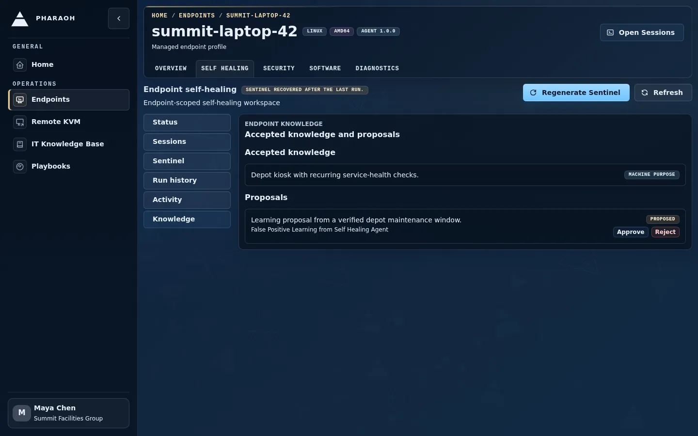 Endpoint self-healing knowledge tab showing accepted knowledge and pending proposals.