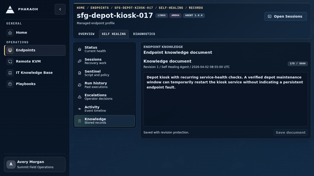 Endpoint self-healing knowledge tab showing accepted knowledge entries and pending knowledge proposals awaiting review