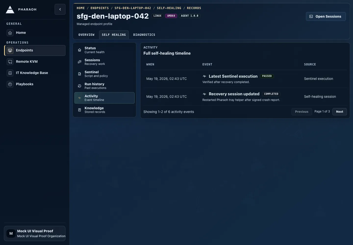 Endpoint self-healing Activity view showing the paginated event timeline.