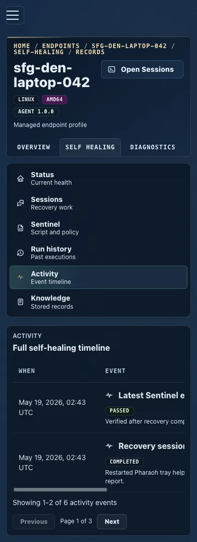 Mobile endpoint self-healing Activity view showing the paginated event timeline.