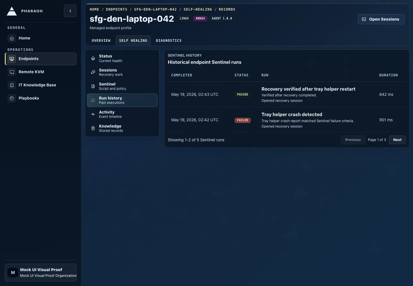 Endpoint self-healing Run history view showing Sentinel execution history.