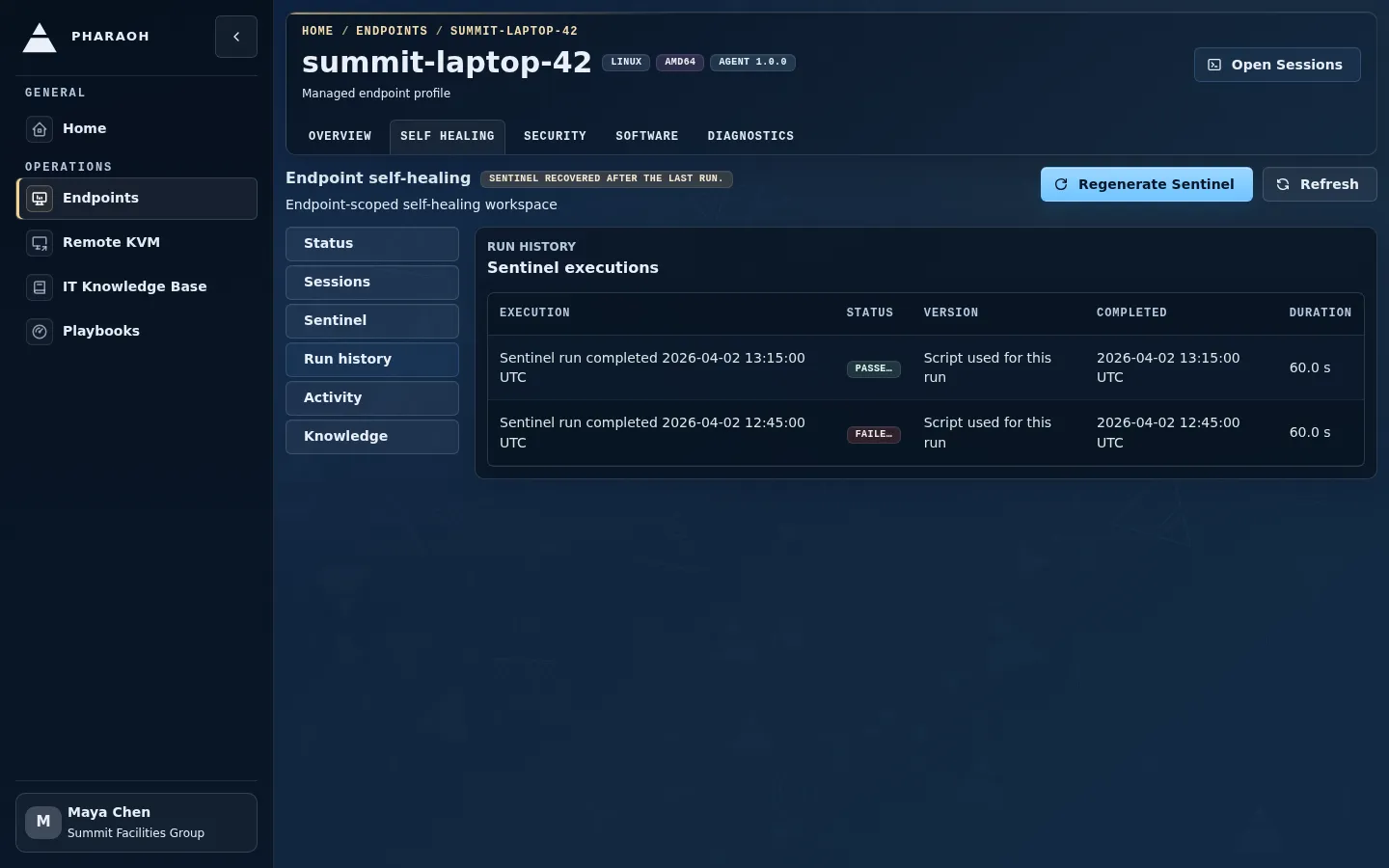Endpoint self-healing Run history view showing Sentinel execution history.