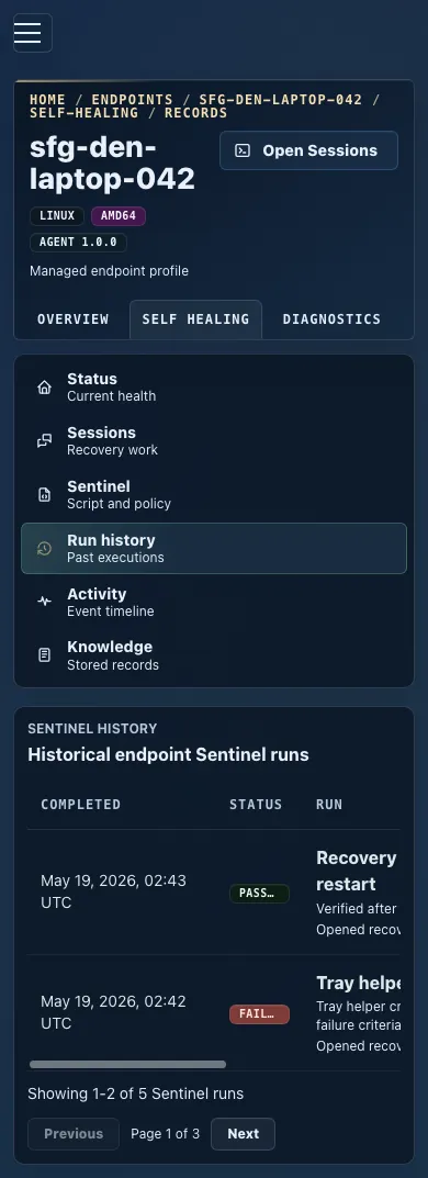 Mobile endpoint self-healing Run history view showing Sentinel execution history.