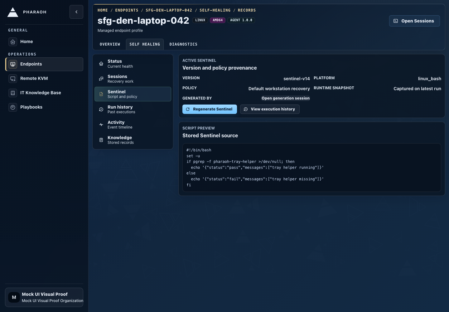 Endpoint self-healing Sentinel tab showing active version, latest execution status, execution history table, and failure fingerprints
