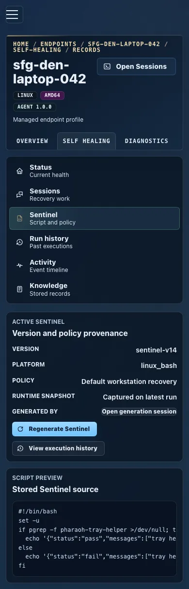 Mobile endpoint self-healing Sentinel view showing provenance and source.