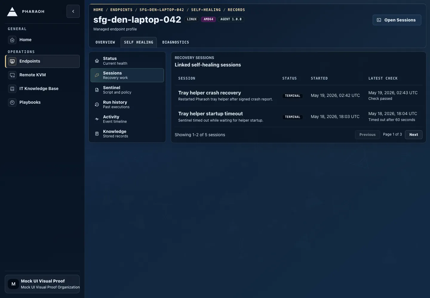 Endpoint self-healing Sessions view showing linked recovery work.