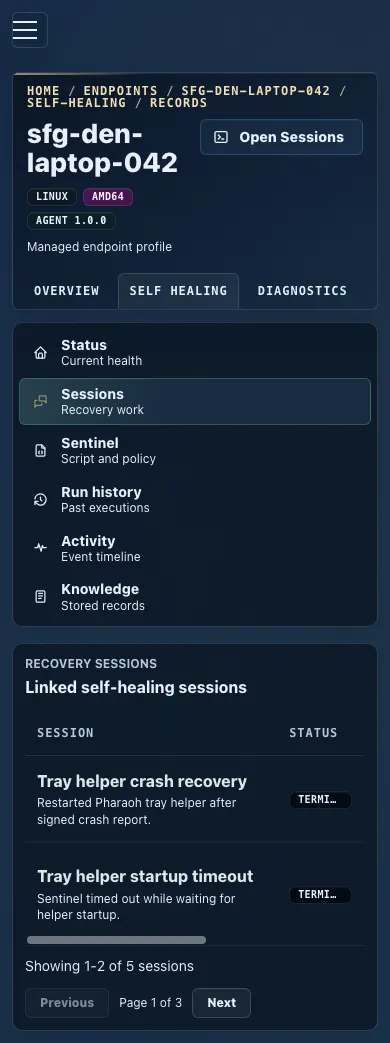 Mobile endpoint self-healing Sessions view showing linked recovery work.