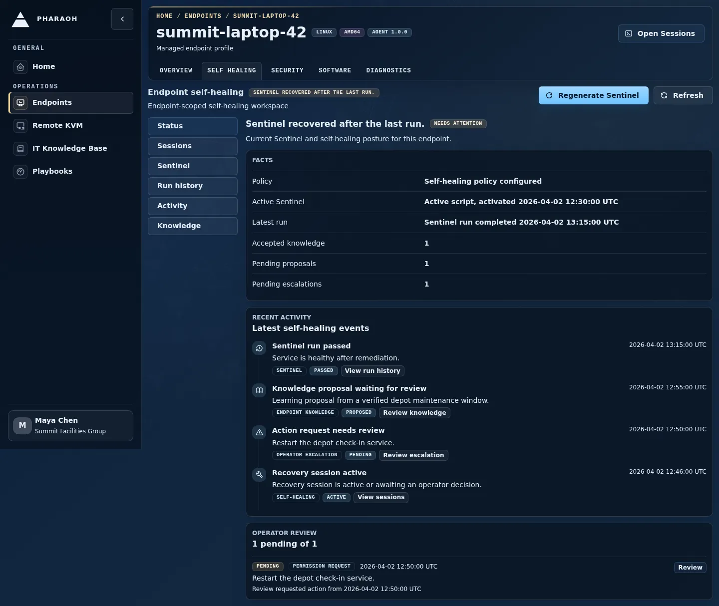 Endpoint self-healing Status view showing current health, facts, and recent activity.