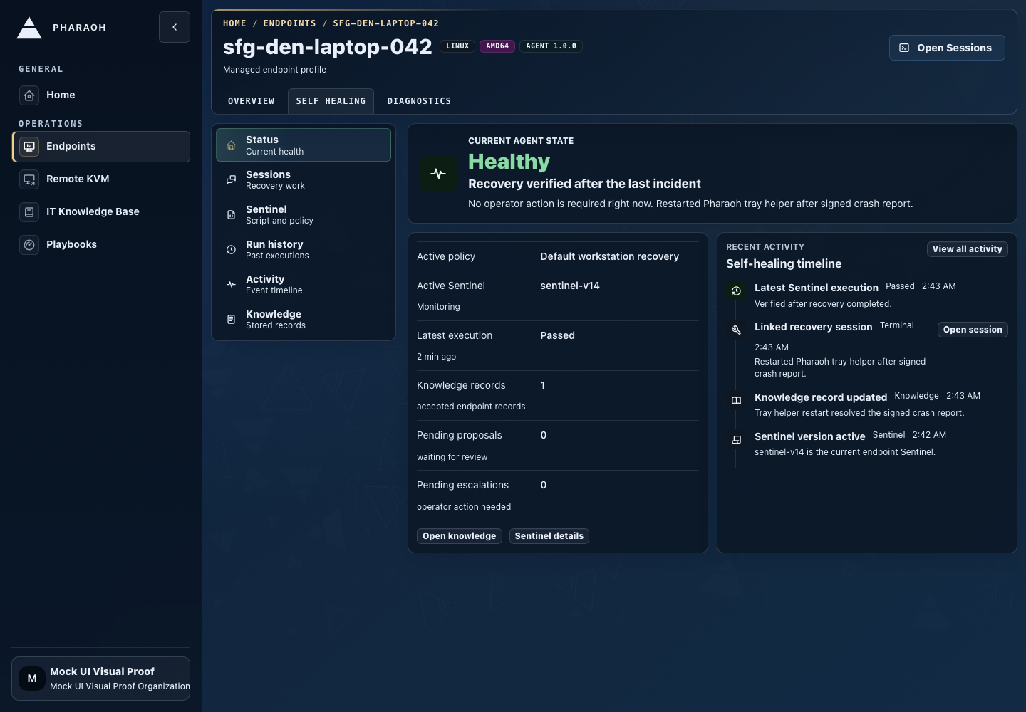 Endpoint self-healing status page showing current agent state, active policy, recent activity, and recovery health
