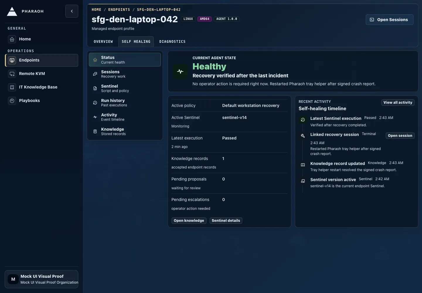 Endpoint self-healing Status view showing current health, facts, and recent activity.