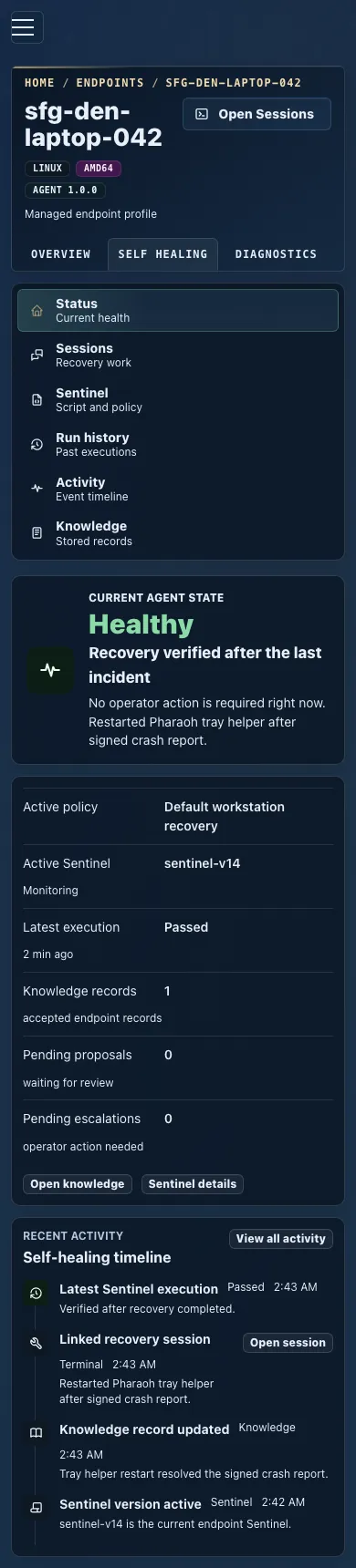 Mobile endpoint self-healing Status view showing current health and facts.