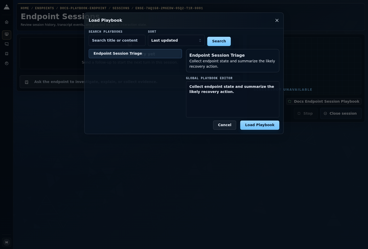 Load Playbook picker inside the endpoint session composer with searchable Playbooks and a preview
