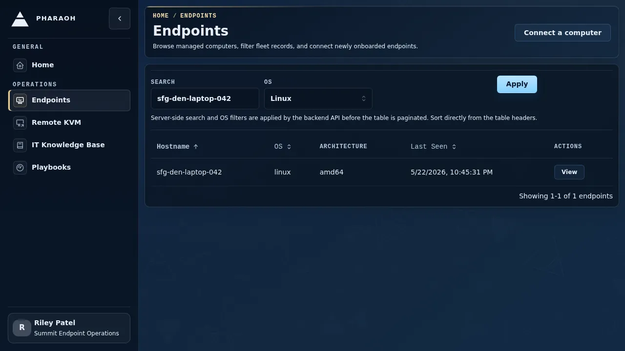 Filtered endpoint inventory showing the operator narrowing the list before opening a machine.