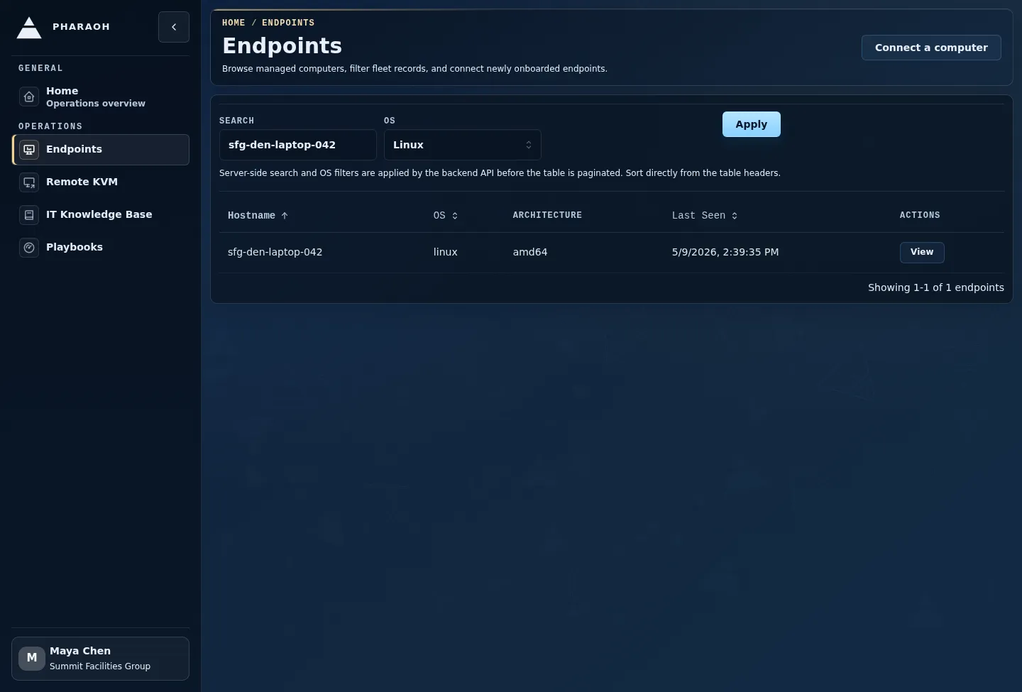 Filtered endpoint inventory showing Last Seen context while narrowing the endpoint list.