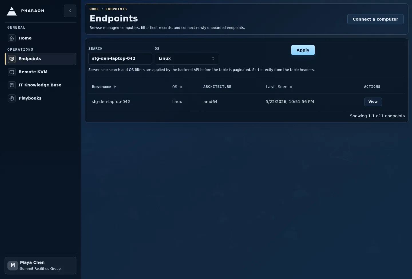 Filtered endpoint inventory with the search field, Linux OS filter, Apply action, and one matching endpoint row.