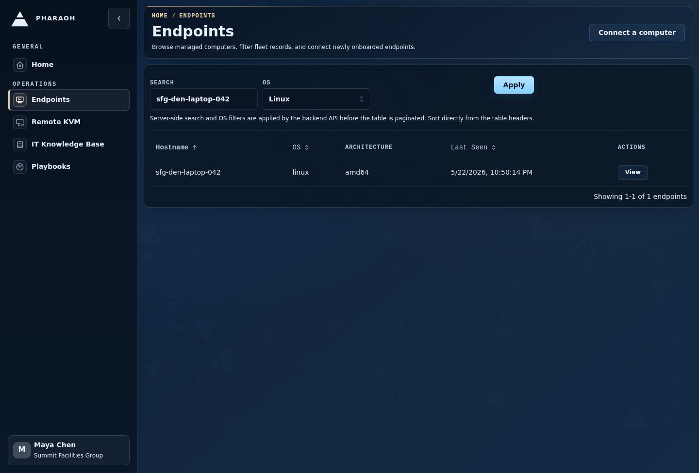 Filtered endpoint inventory showing an admin narrowing the list before opening a machine