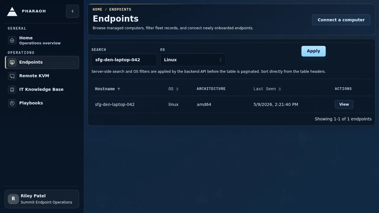 Filtered endpoint inventory showing a narrowed Linux workstation result before opening a machine.