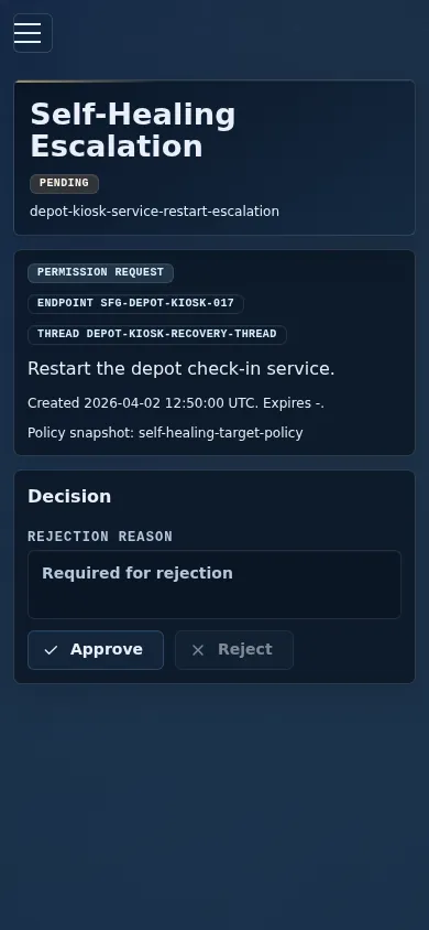 Mobile escalation review detail showing requested action and approve/reject controls.