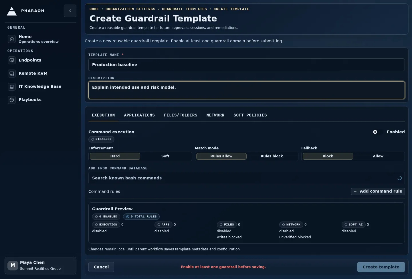 Create guardrail template form showing required metadata and inline validation before the template can be saved.