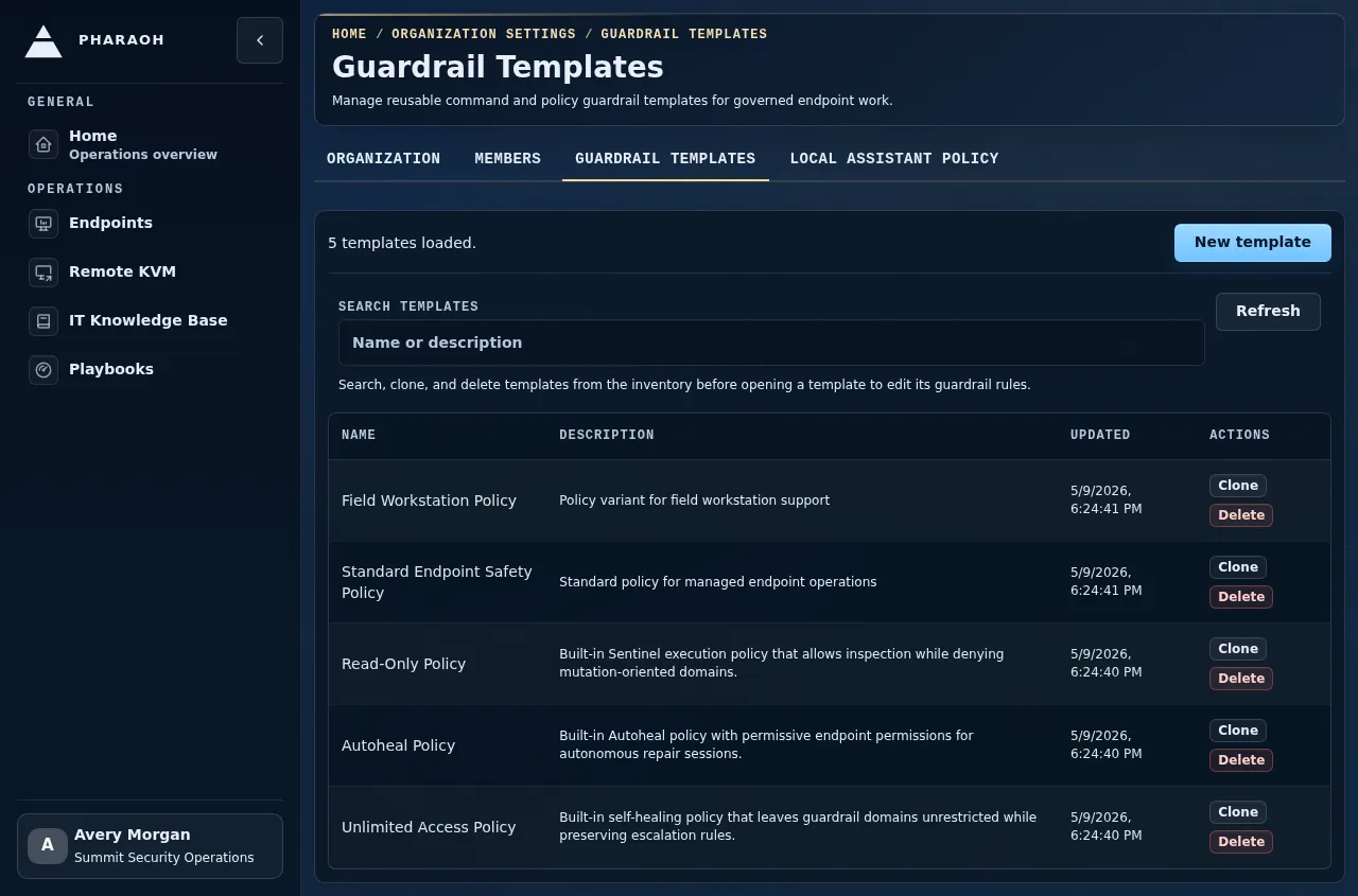 Guardrails inventory showing searchable templates with clone, delete, refresh, and new-template actions.