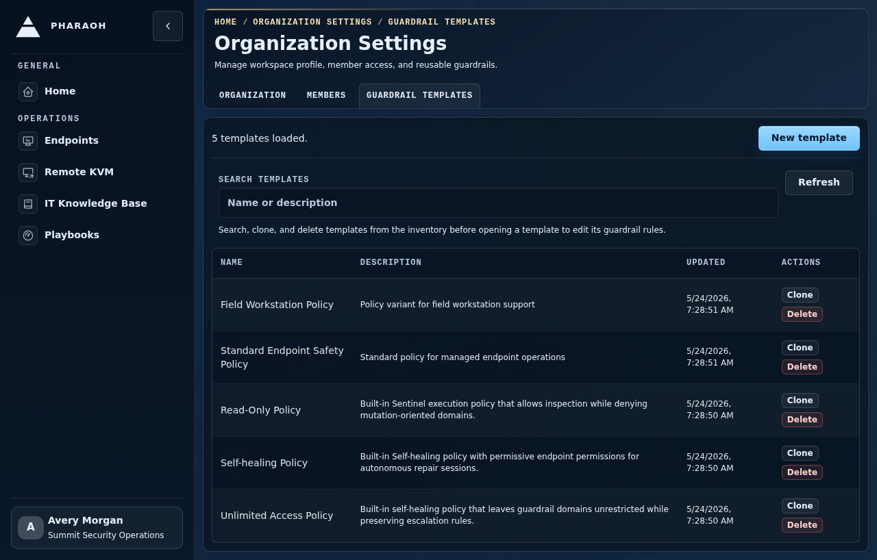 Pharaoh guardrail templates page showing configured endpoint agent control policies and available policy templates