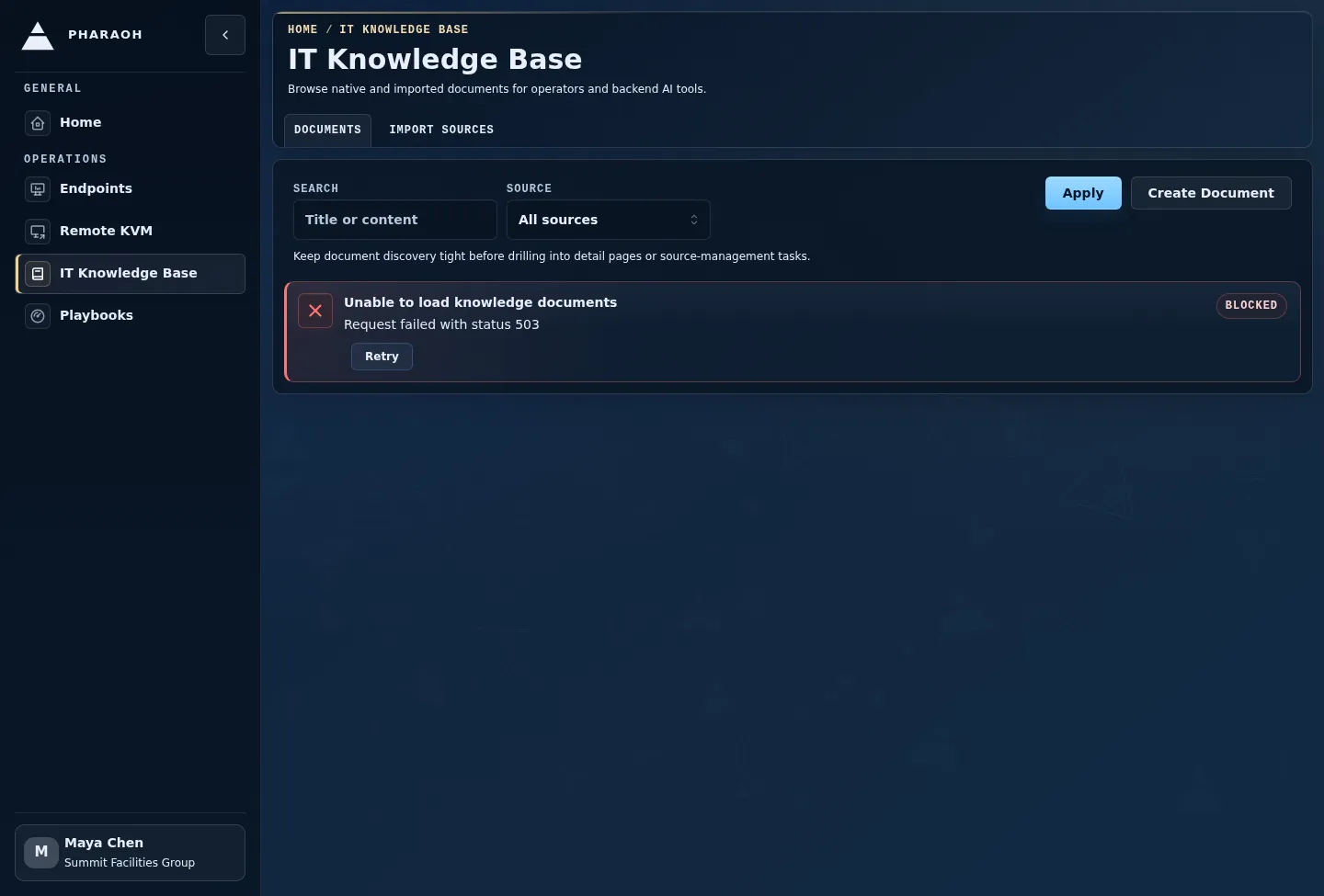 IT Knowledge Base documents tab showing a list loading error while the page shell and filters remain available.
