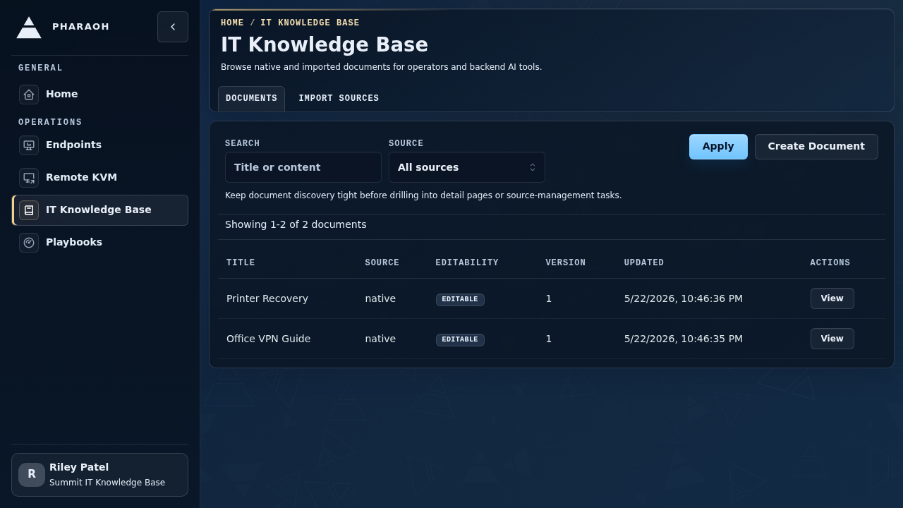IT Knowledge Base documents tab showing seeded documents and the source filter