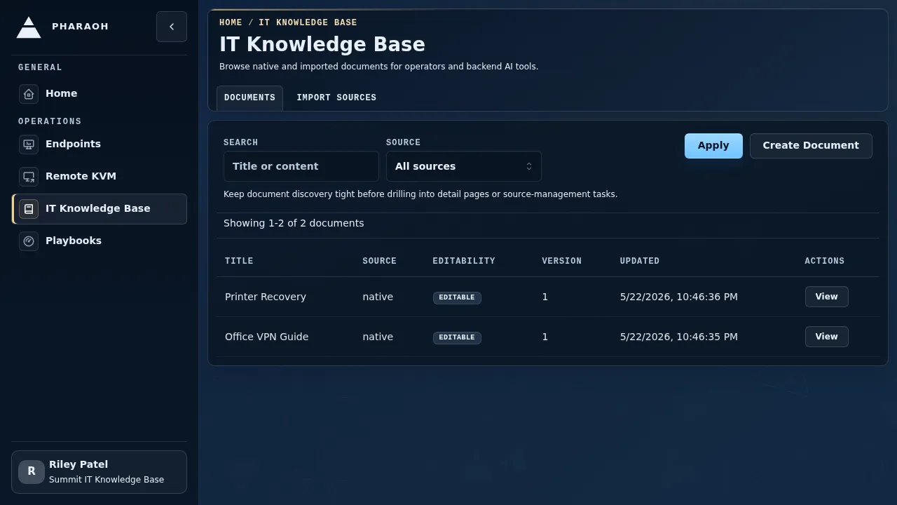 IT Knowledge Base documents tab showing seeded documents and the source filter.