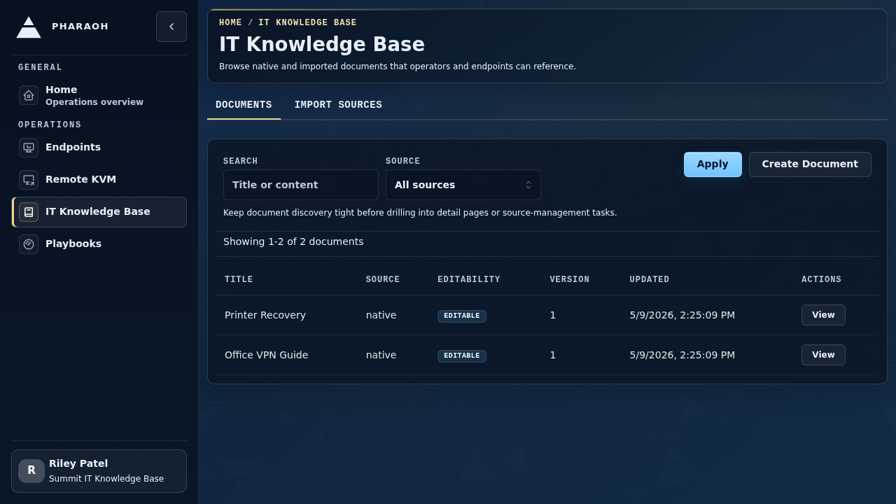 IT Knowledge Base documents tab showing seeded documents and the source filter
