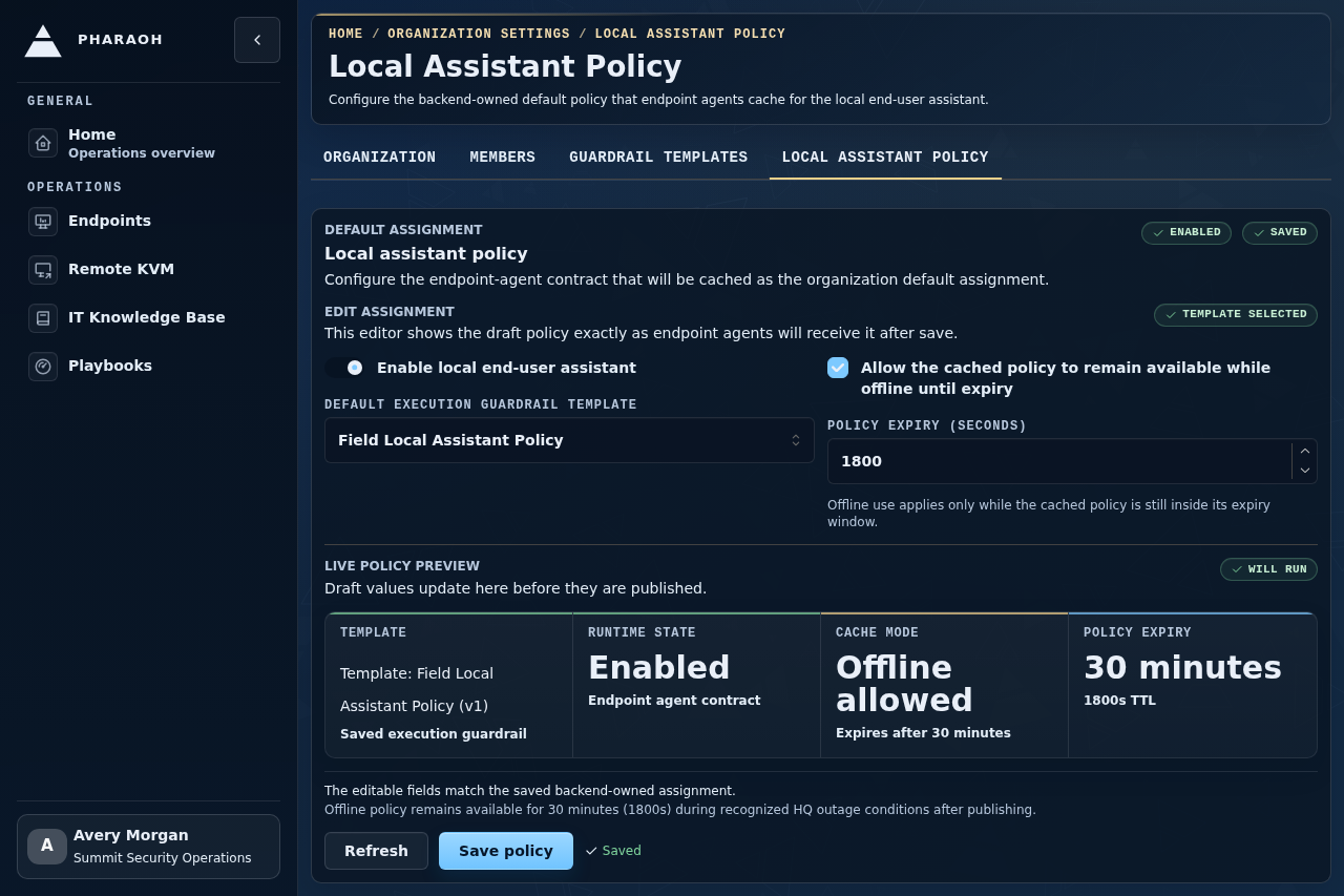 Pharaoh local assistant policy page showing enabled endpoint agent policy, guardrail coverage, offline cache expiry, and policy controls