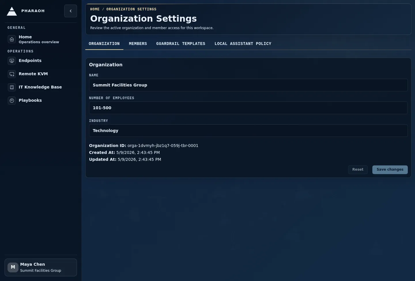 Organization Settings page showing organization details and the active member table.