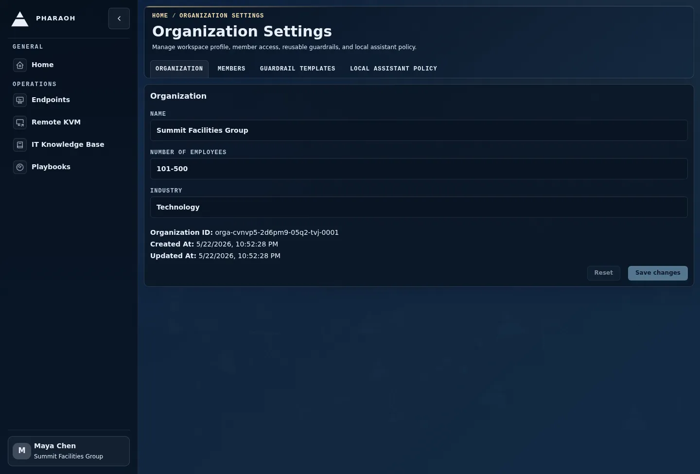 Organization Settings page showing organization details and the active member table.