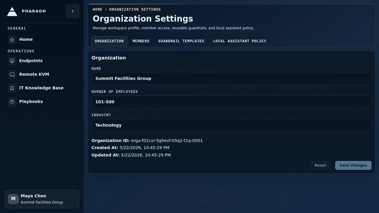 Organization Settings page showing organization identity details and the members table for the active organization.