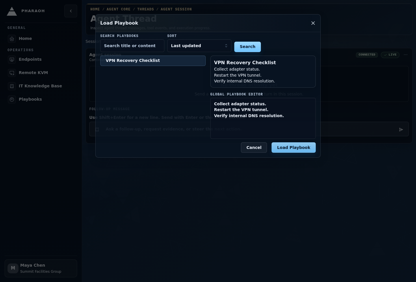 Load Playbook picker showing searchable Playbooks, preview, global editor, and the Load Playbook action