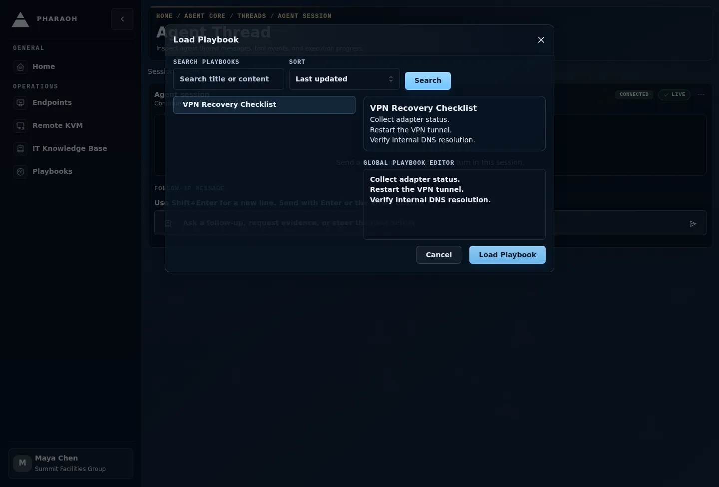 Load Playbook picker showing searchable Playbooks, preview, global editor, and the Load Playbook action.