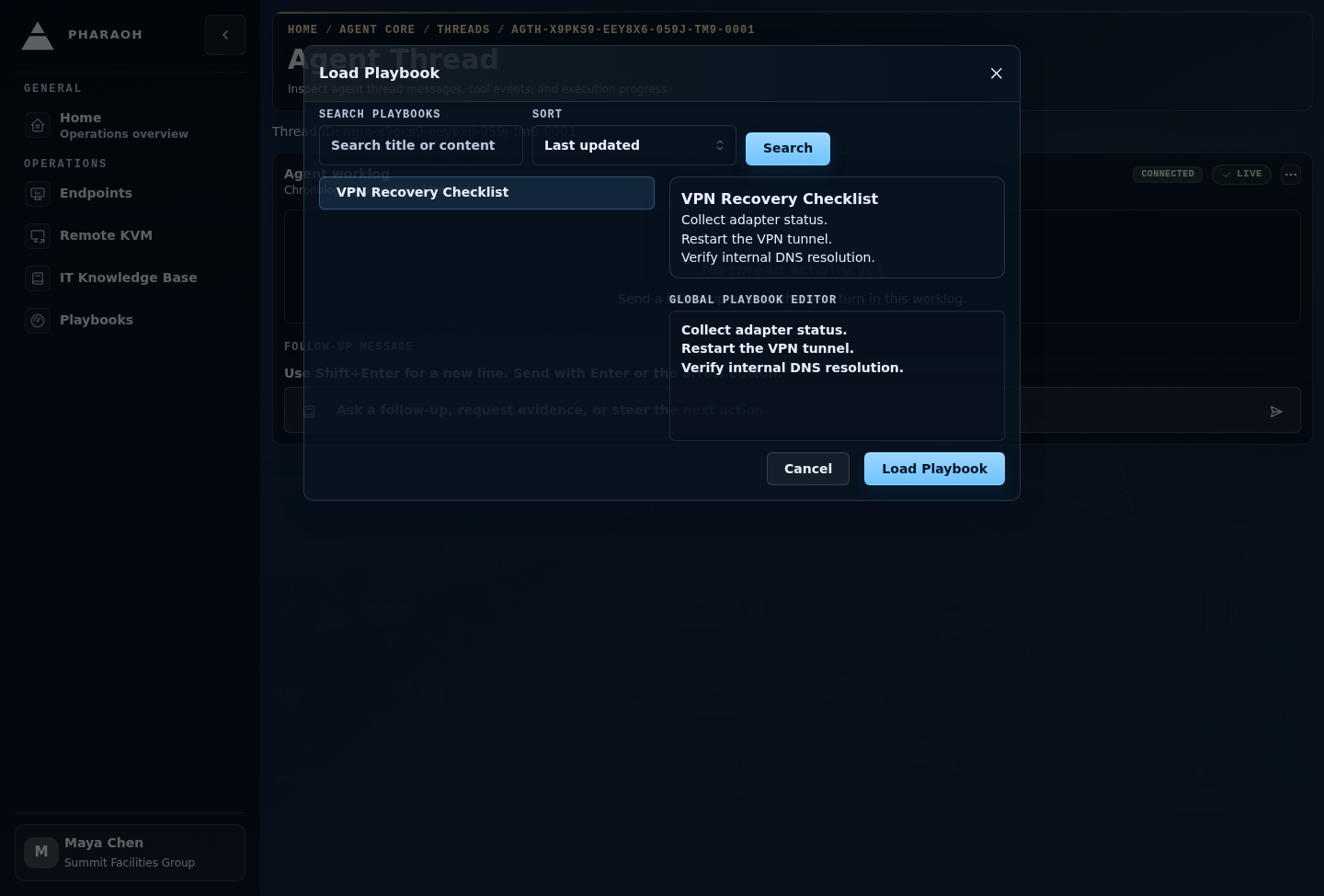 Load Playbook picker showing searchable Playbooks, preview, global editor, and the Load Playbook action