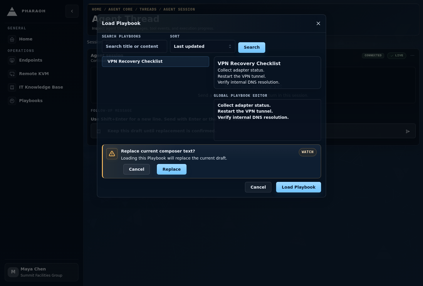 Playbook replacement warning shown when loading a Playbook over an existing composer draft