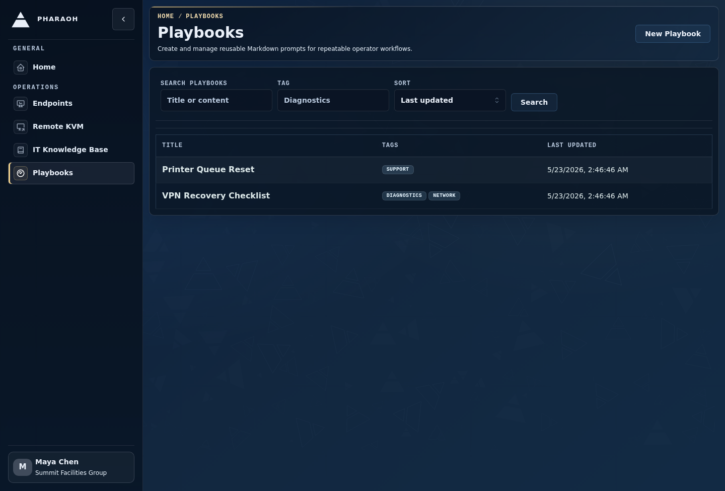 Playbooks list showing search, tag filtering, sort controls, and reusable incident instructions