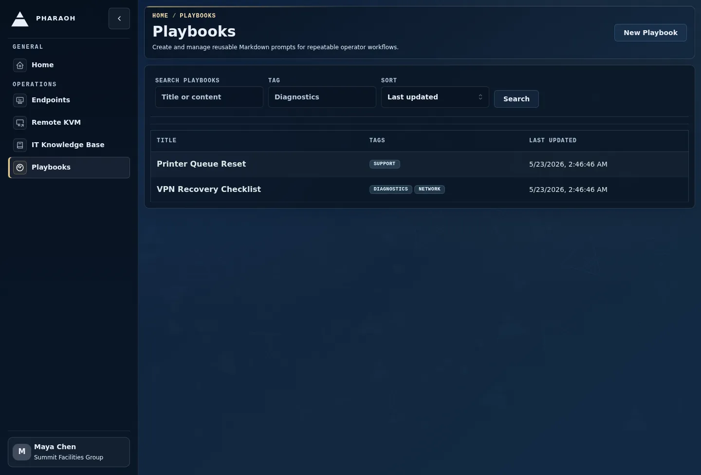 Playbooks list showing search, tag filtering, sort controls, and reusable operator prompts.