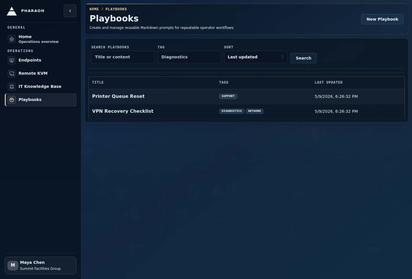 Playbooks list showing search, tag filtering, sort controls, and reusable incident instructions