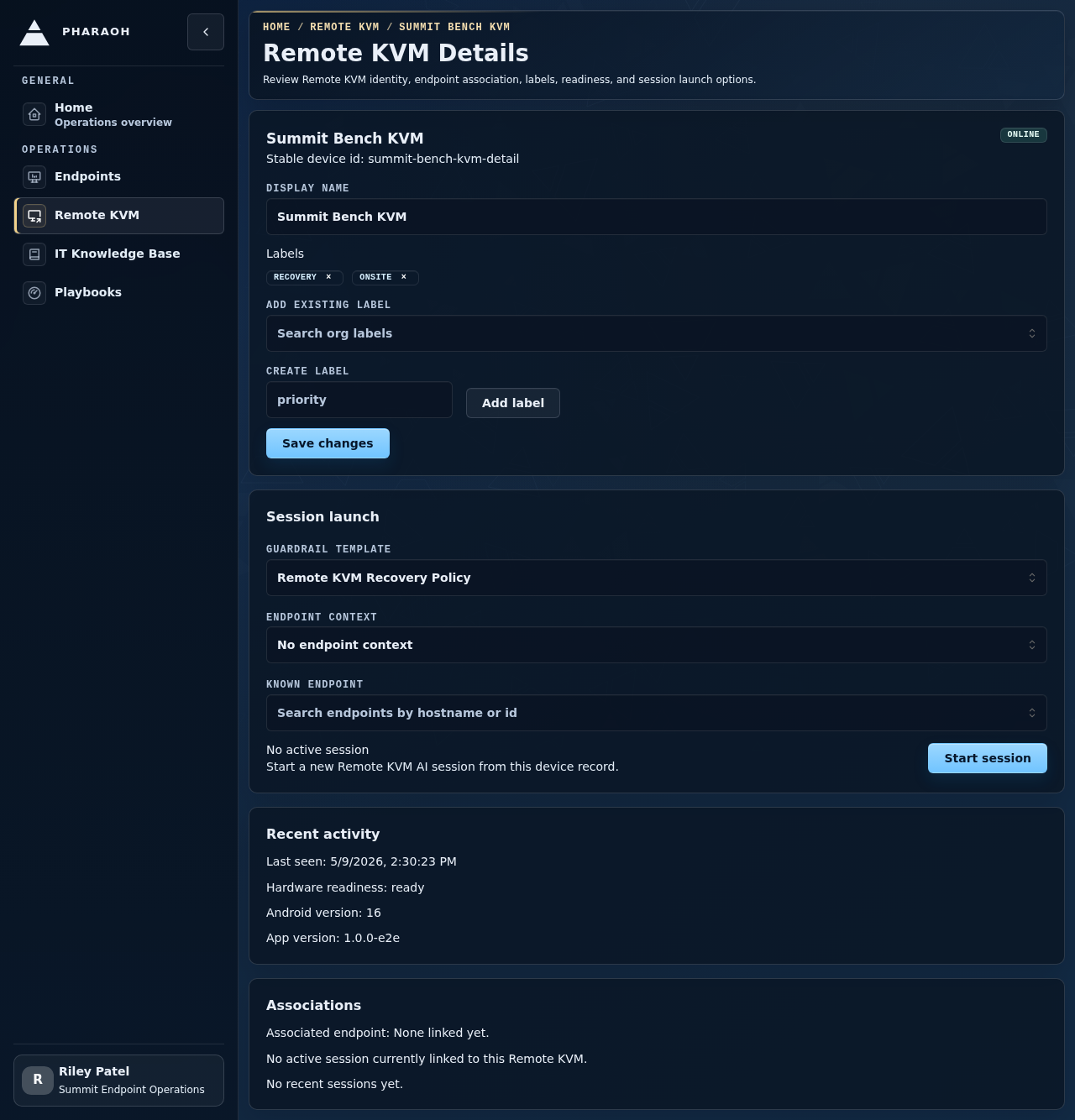 Remote KVM detail management page with labels and session launch controls
