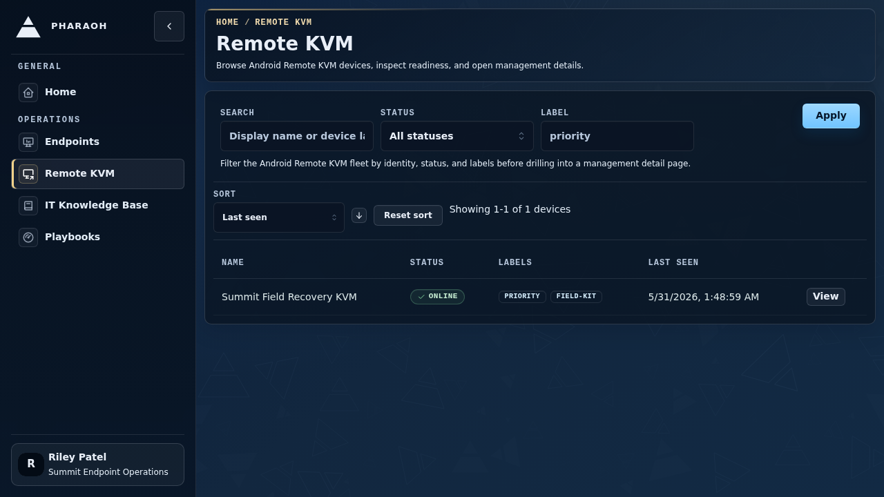 Remote KVM inventory with a seeded recovery KVM record visible