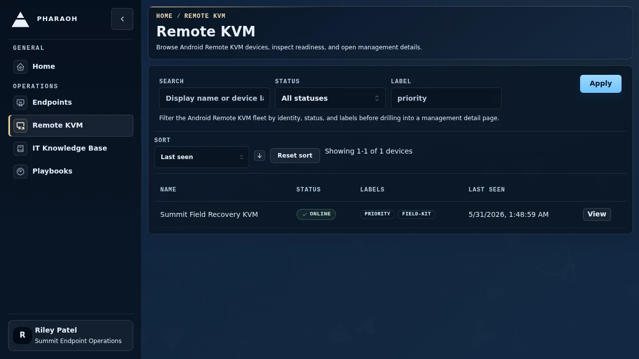 Remote KVM inventory with a seeded recovery KVM record visible.