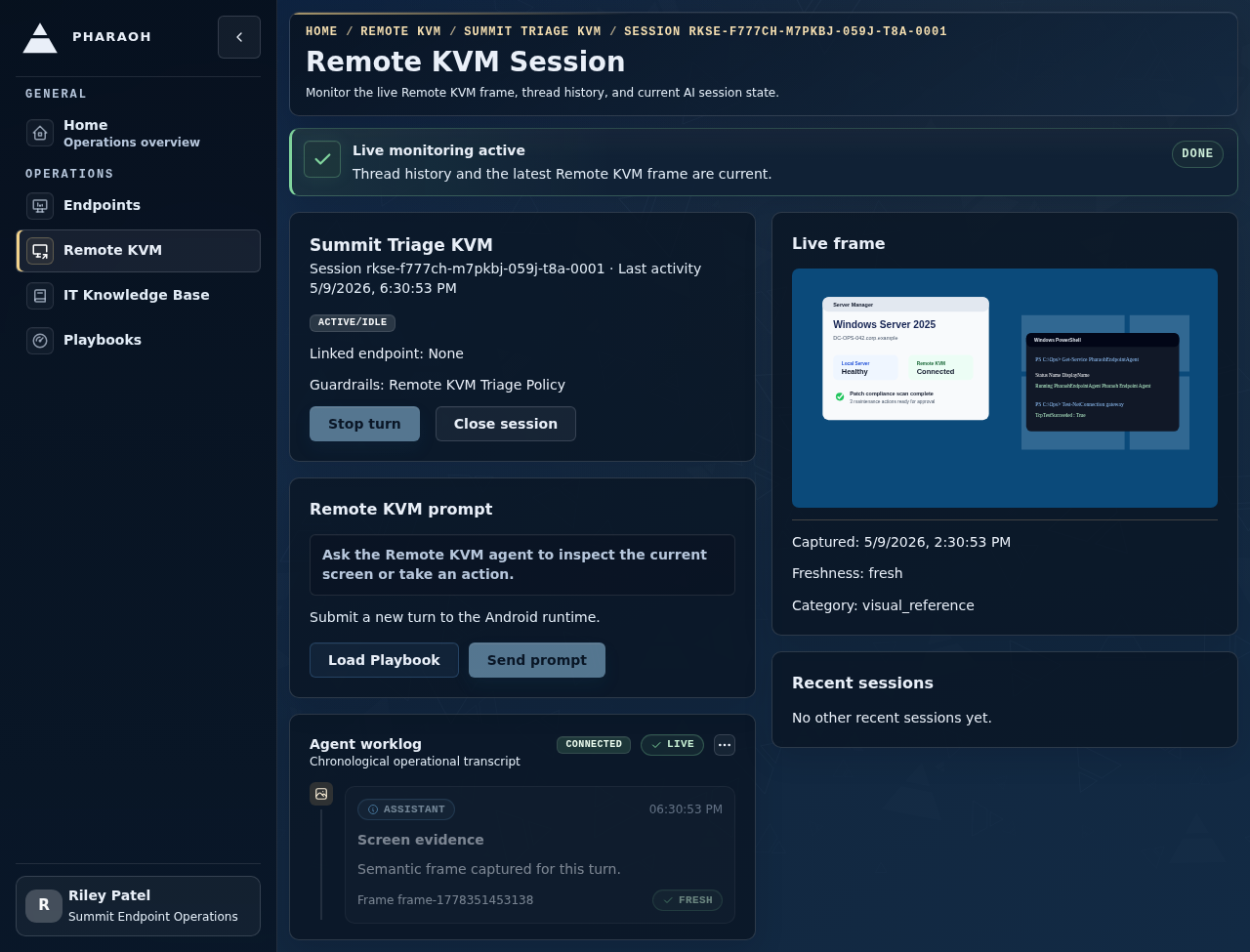 Pharaoh Remote KVM session workspace showing a live frame, guided prompt, recent sessions, and lifecycle controls