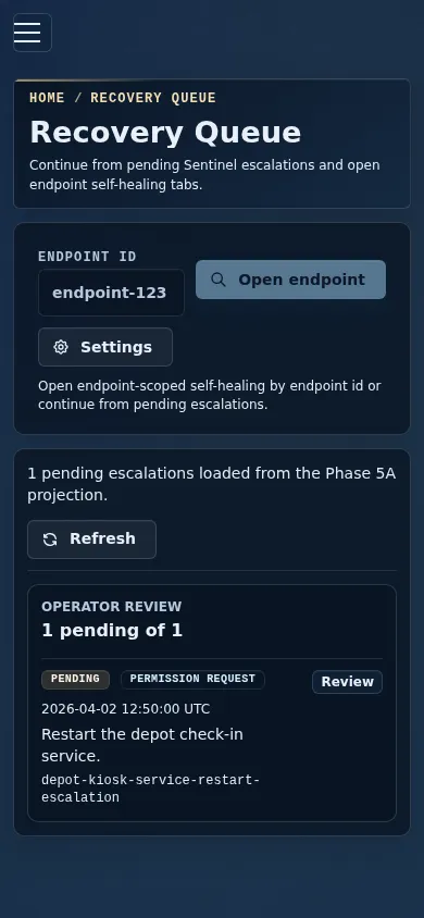 Mobile Self-Healing overview showing pending escalation triage controls.
